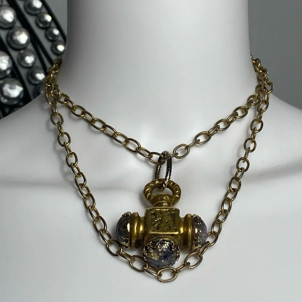 Antique 18th-century brass Italian Etruscan fob charm necklace 38” - Picture 1 of 13